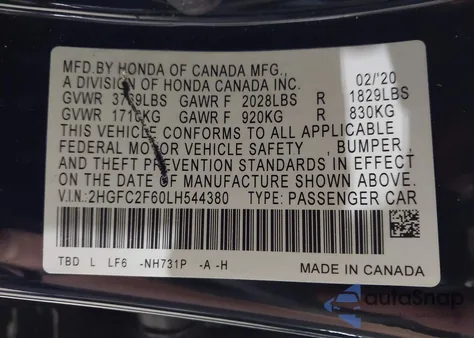 2020 Honda Civic Lx from USA, damaged, VIN 2HGFC2F60LH544380
